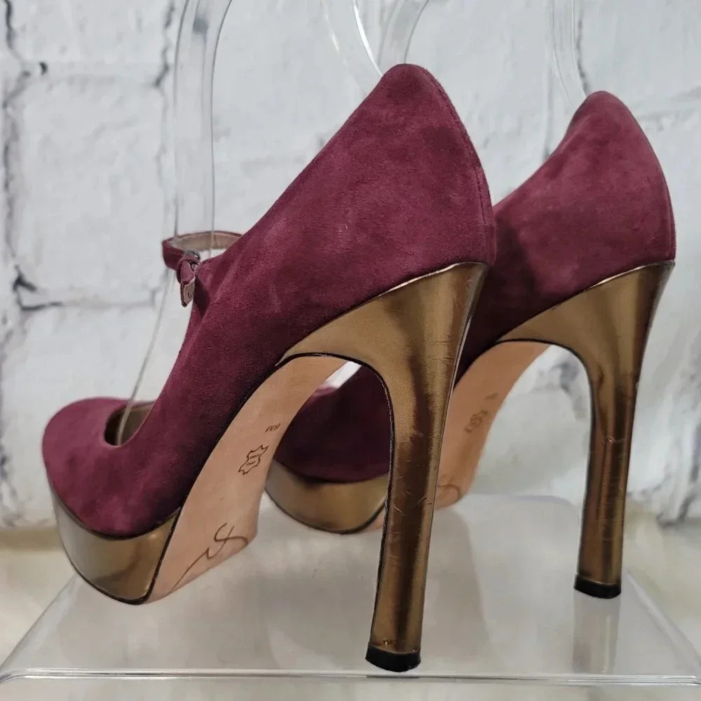 Joan & David Daquimberly Mary Jane Purple Gold Pumps Platform Heel Leather Suede - Picture 13 of 15